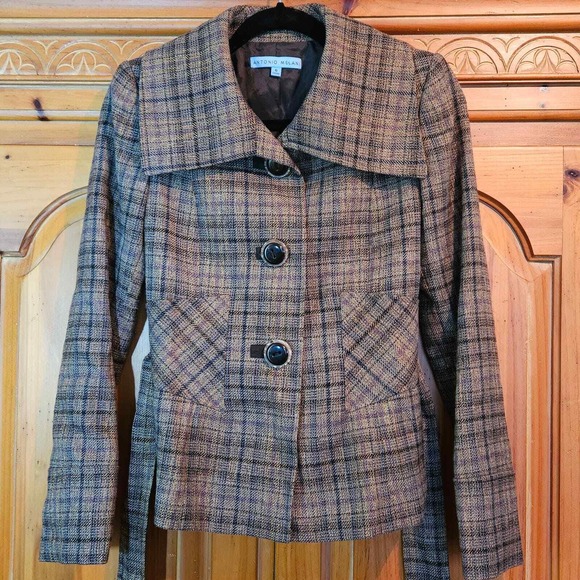 Antonio Melani Brown Plaid Belted Wool Blend Peacoat Excellent Condition Size 0‎ - Picture 3 of 8